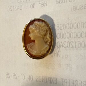 Vintage Left Facing Cameo Charm Coral Background in Gold Casing